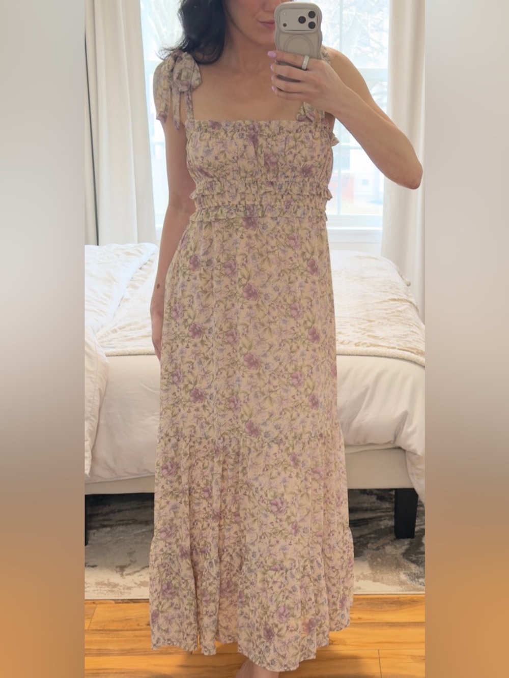 🌸 ASTR The Label Floral Maxi Dress XS Cottagecore Tie Strap Ruffle Boho - Picture 2 of 11